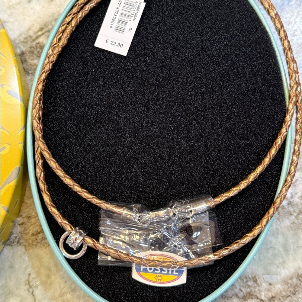 FOSSIL Braided Tan Necklace with Silver Accents